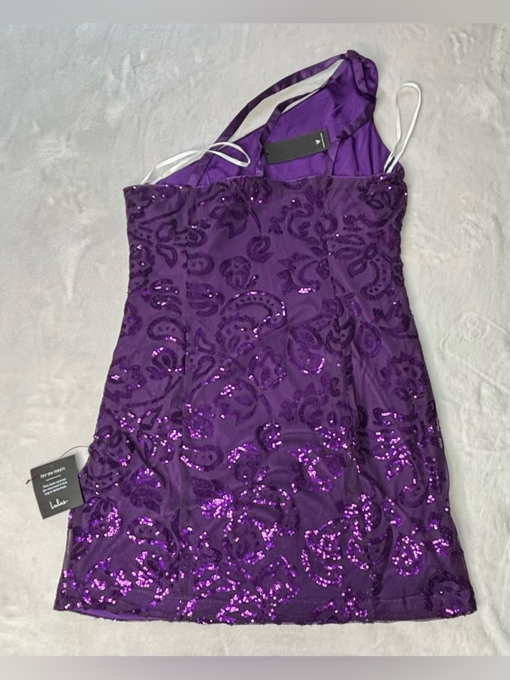 Lulus Purple Sequin One Shoulder Mini Dress XL Triple Strap NWT - Picture 11 of 16